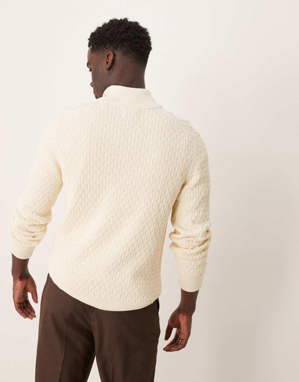 GANT shield logo cotton textured half zip knit sweater in cream Product Image