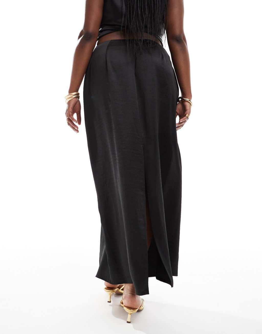4th & Reckless Plus Exclusive satin back slit maxi skirt in black Product Image