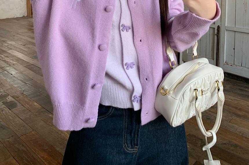 Round Neck Two Tone Bow Embroidered Mock Two-Piece Cardigan Product Image