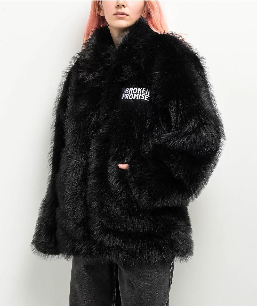 Broken Promises Graveyard Black Faux Fur Zip Jacket Product Image