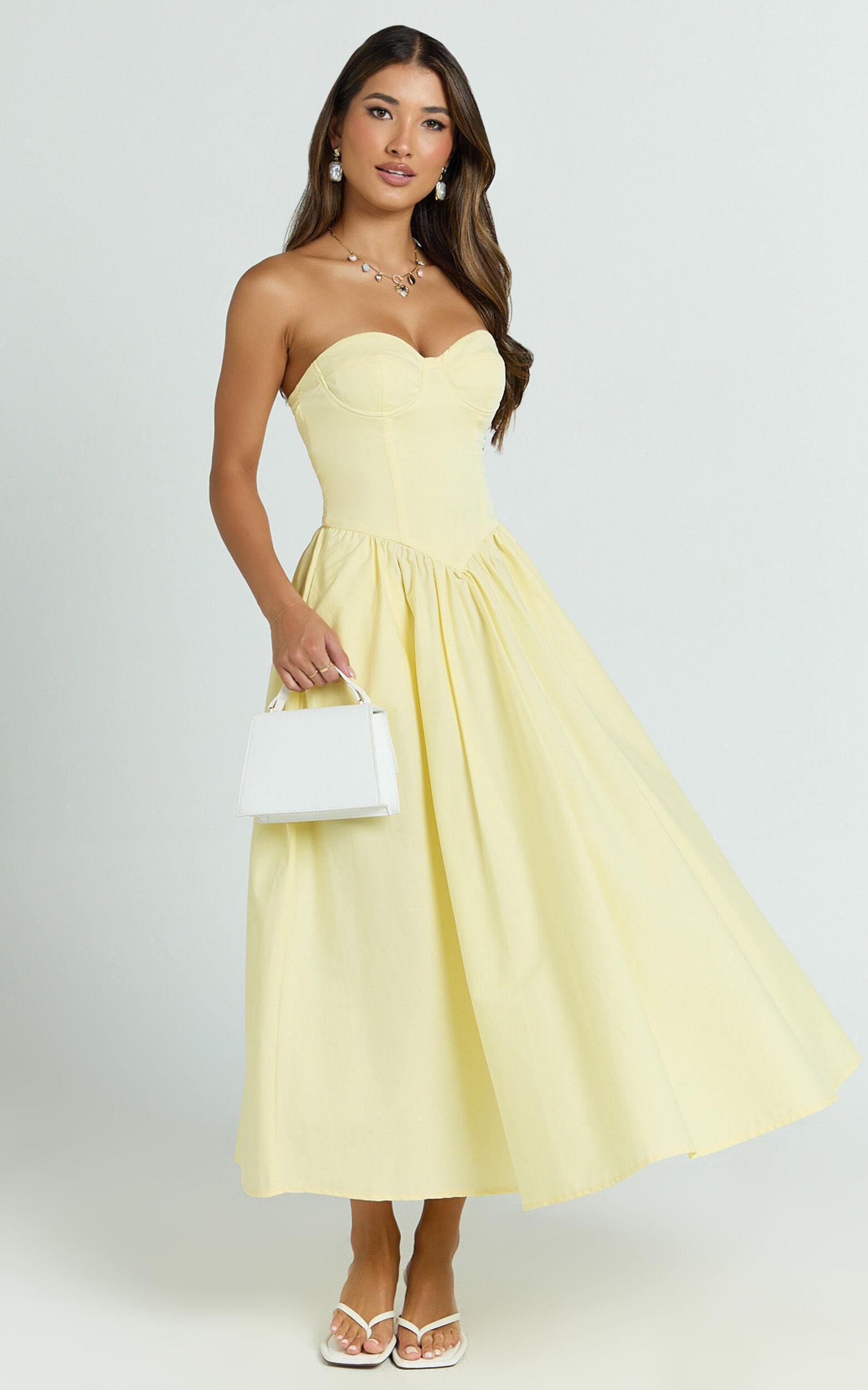 Daria Midi Dress - Strapless Corset Gathered Dress in Lemon Product Image