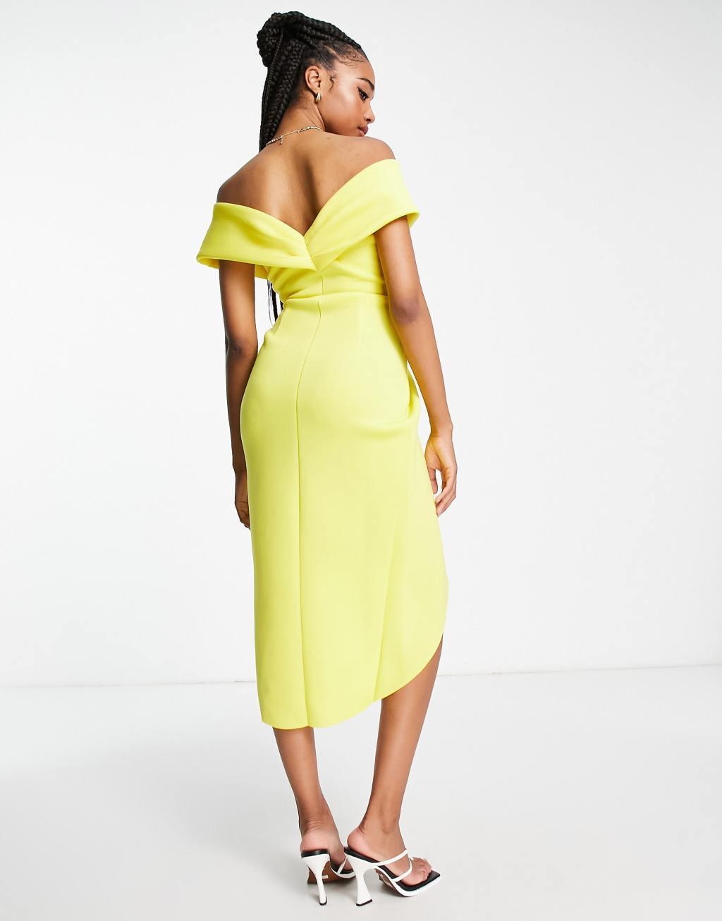 ASOS DESIGN Tall off shoulder twist front wrap midi pencil dress Product Image