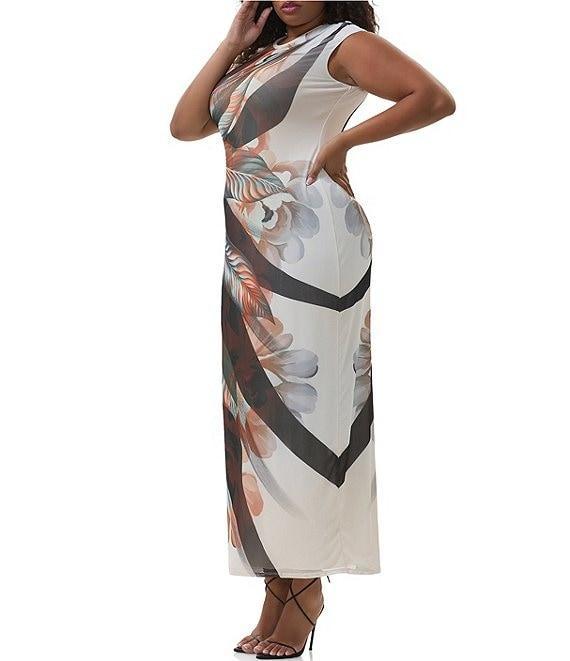 AFRM Plus Cody Leaf Print Mesh Crew Neck Cap Sleeve Maxi Dress Product Image