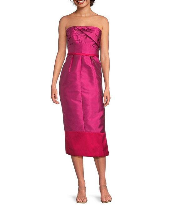Kay Unger India Taffeta Color Block Strapless Neck Sleeveless Pleated Sheath Midi Dress Product Image