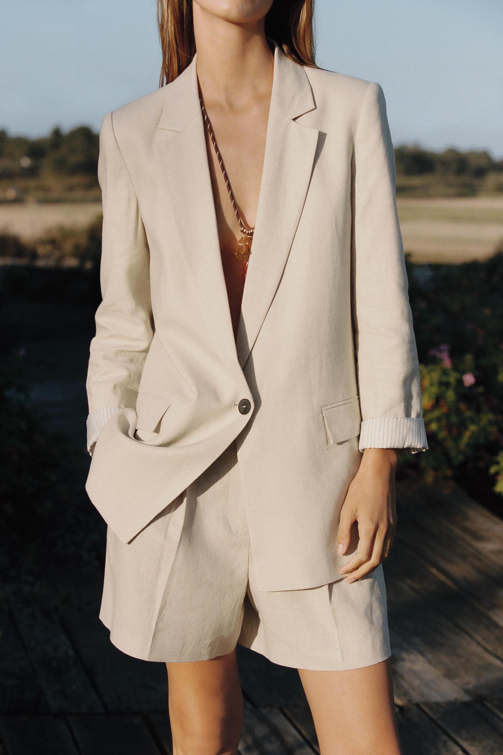LINEN BLAZER WITH PRINTED CUFFS Product Image