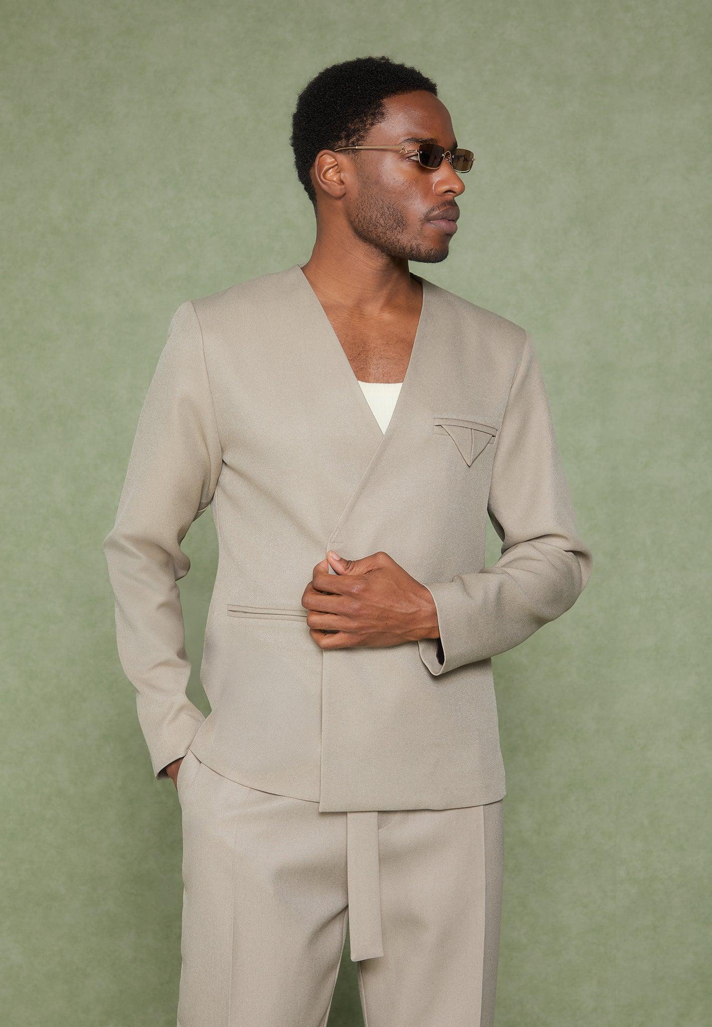 Relaxed Fit Textured Belted Tailored Trousers - Beige Male Product Image