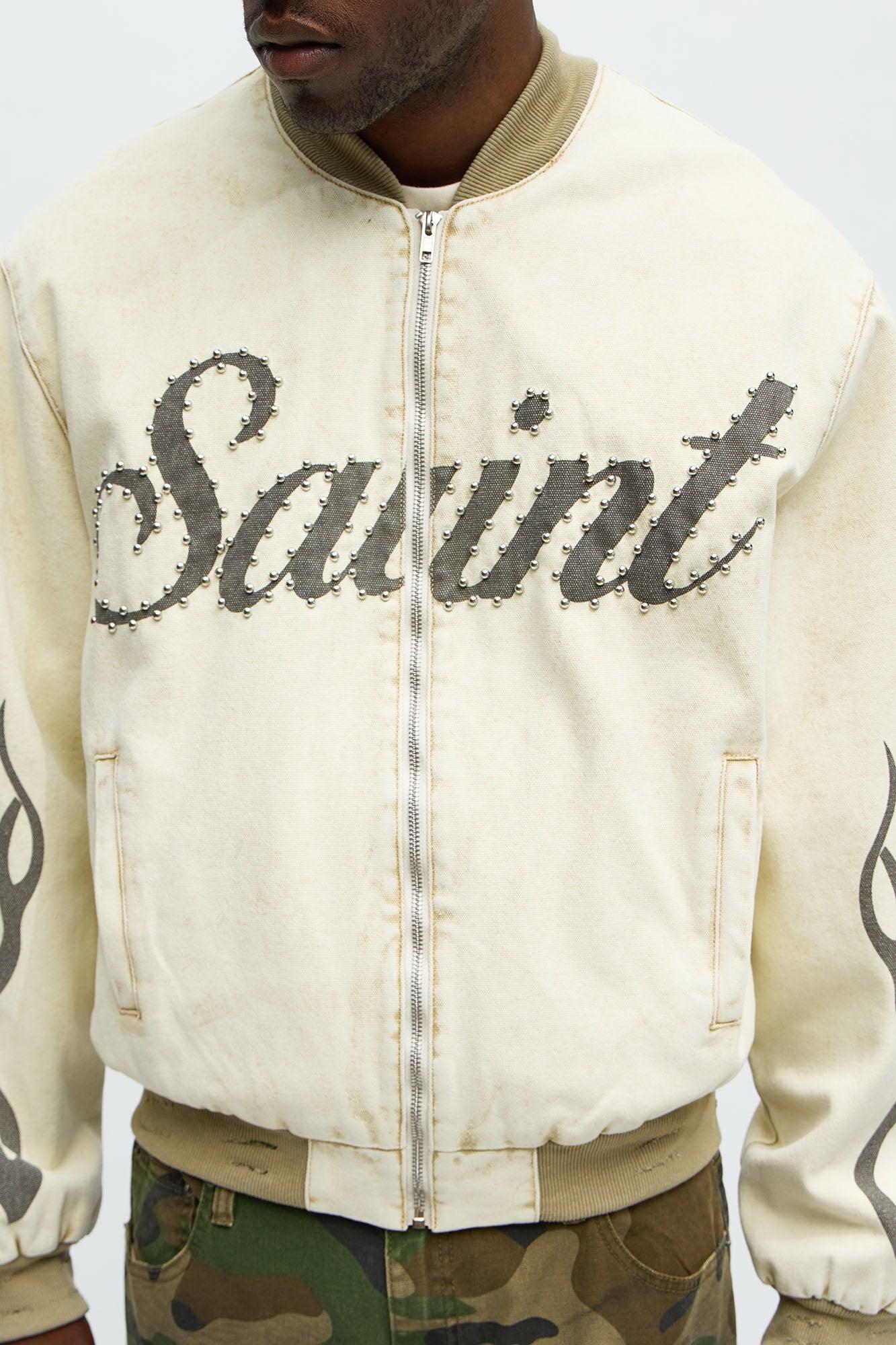 Oversized Studded Saint Utility Bomber Jacket - Stone/Combo Product Image