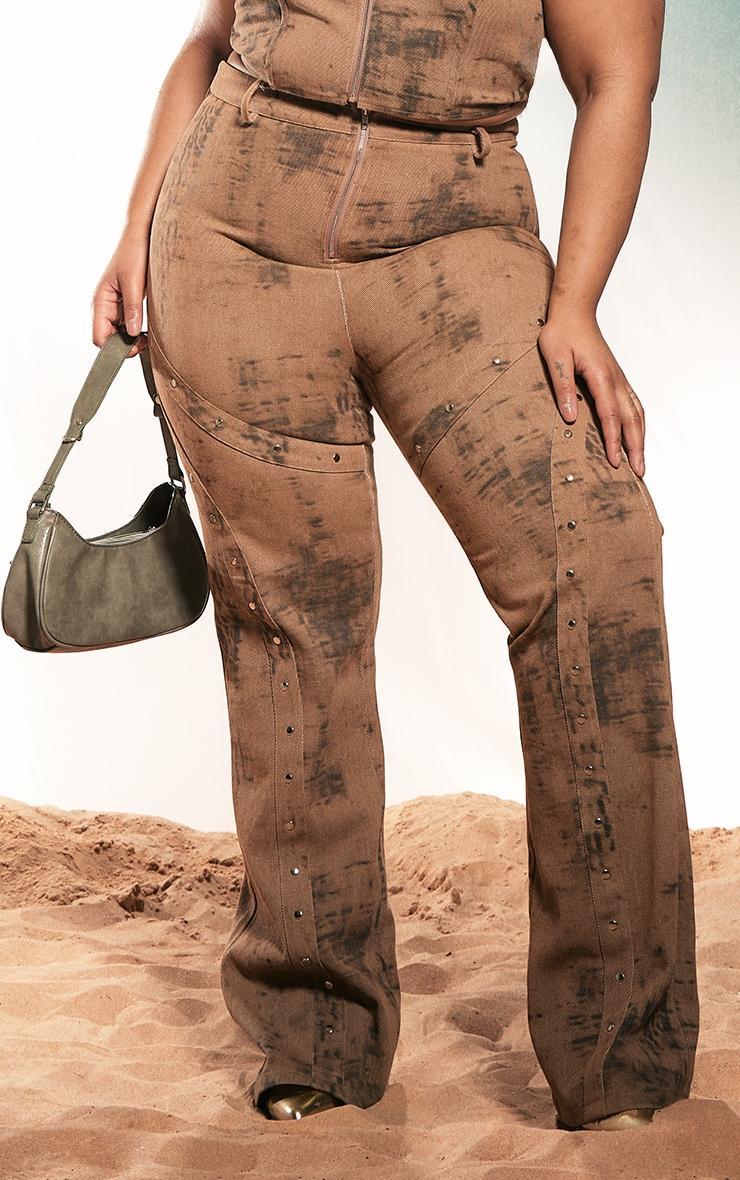 Plus Brown Acid Wash Studded Detail Flare Jeans Product Image