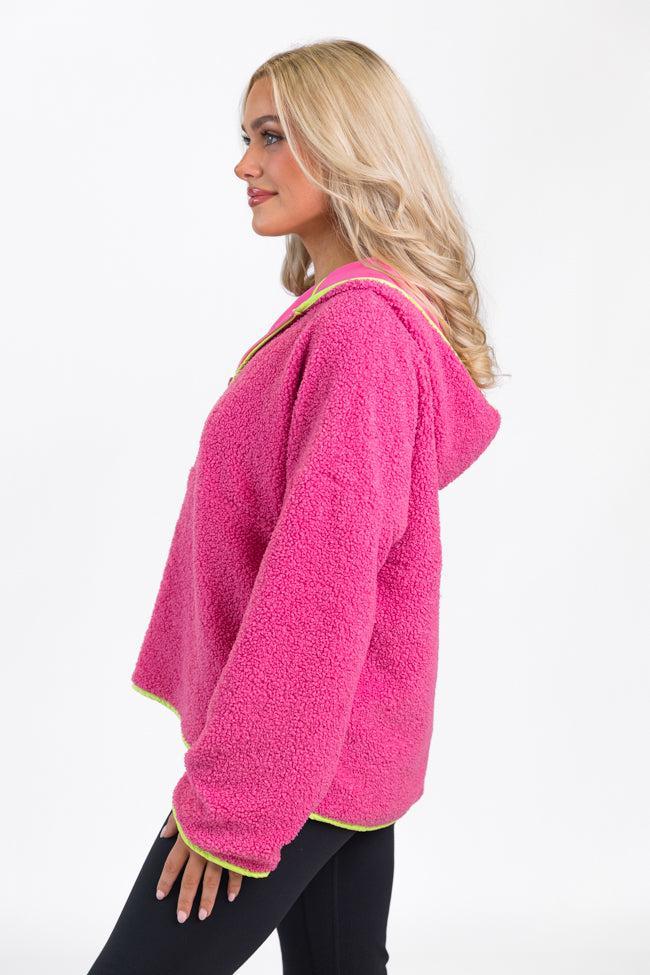 My Go To Pink and Green Sherpa Quarter Zip Hooded Pullover FINAL SALE Product Image