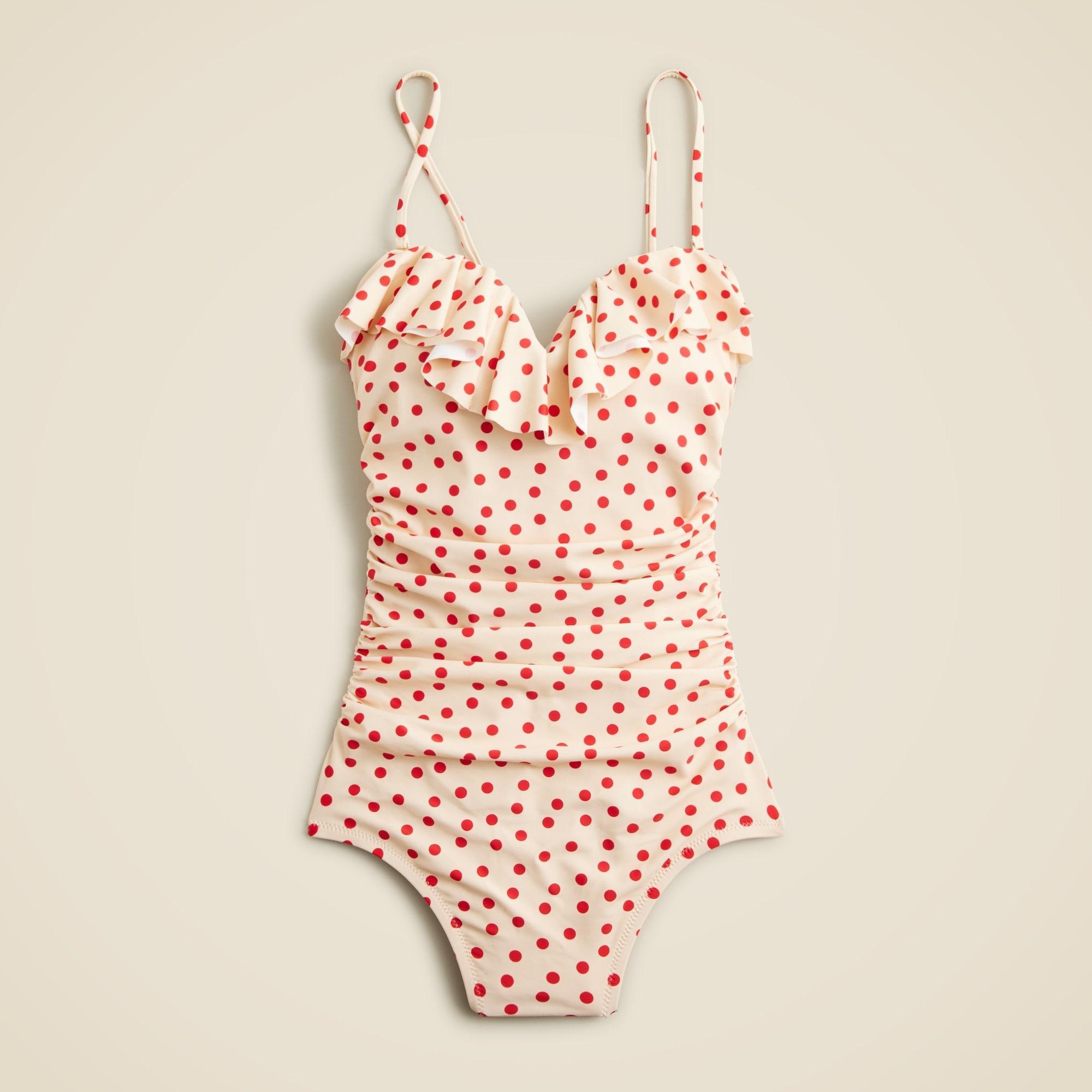 Ruched one-piece swimsuit with ruffles in red dot print Product Image