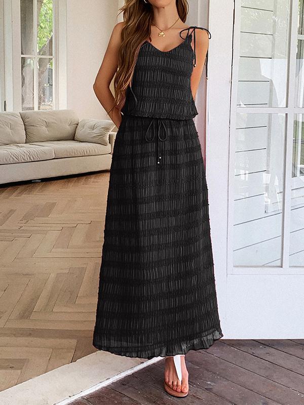 Loose Sleeveless Pleated Solid Color Spaghetti-Neck Vest Top + Drawstring Skirts Bottom Two Pieces Set Product Image