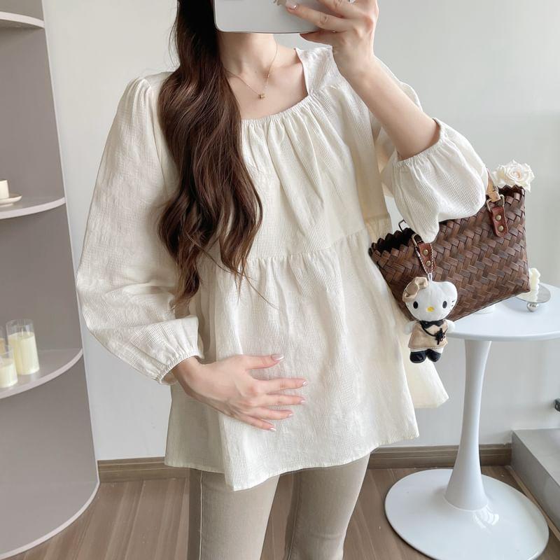 Maternity Puff-Sleeve Plain Blouse Product Image