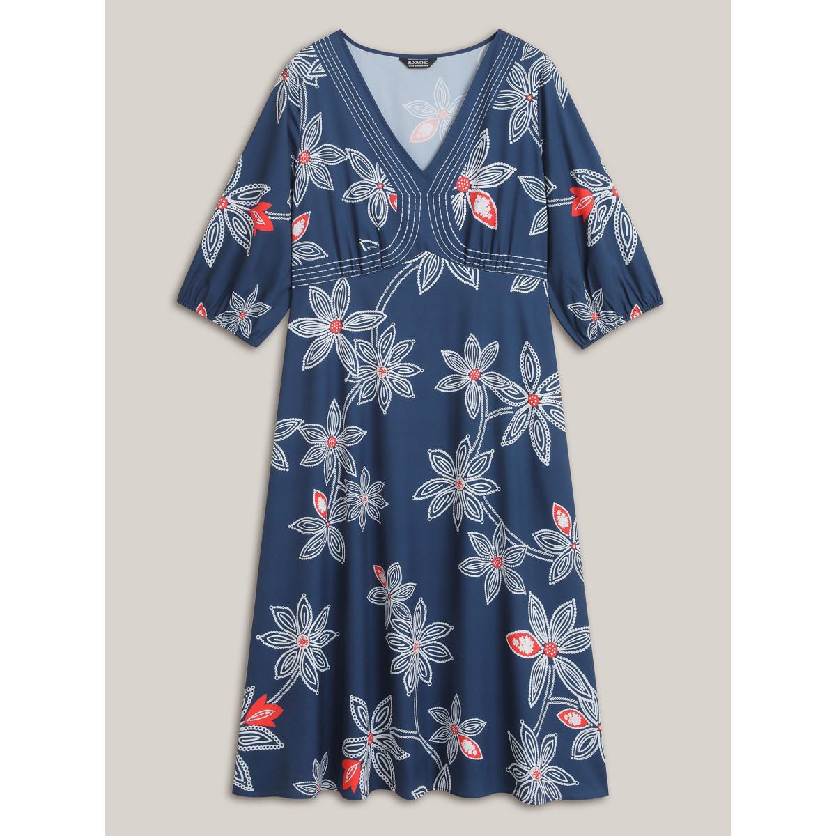 Plus Size Boho Floral Arc Neck Waist-Cinched Dress DarkBlue Women Resort Gathered V-neck Elbow-length sleeve Curvy BloomChic 12/L Product Image