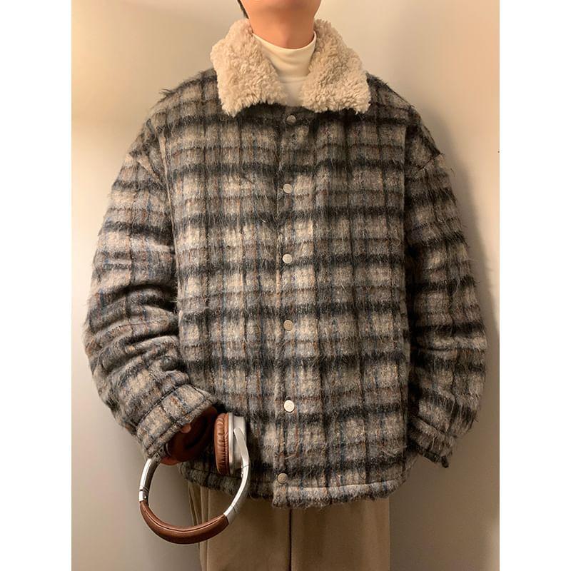 Fleece Collar Plaid Button-Up Jacket Product Image
