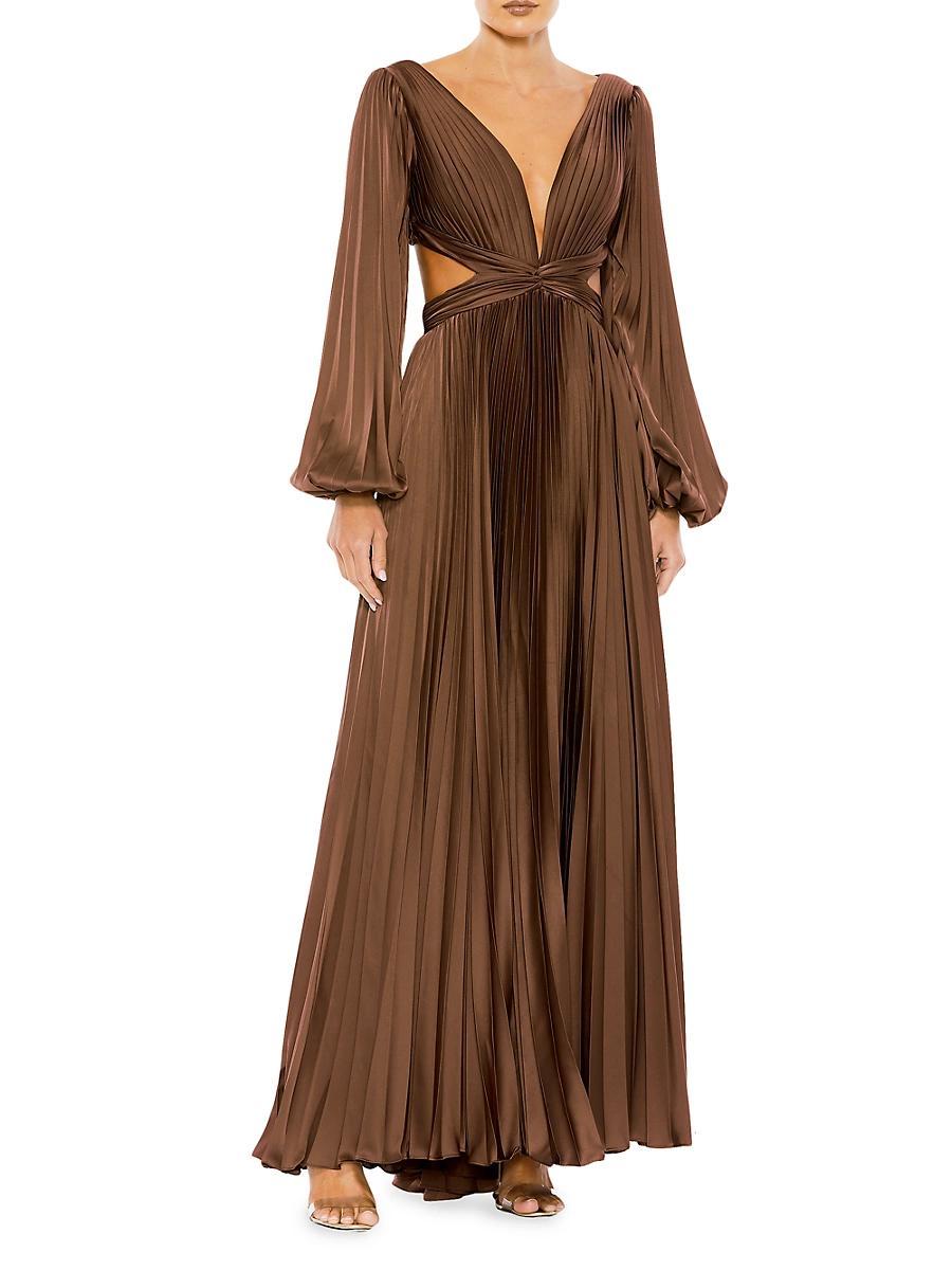 Mac Duggal Long Balloon Sleeve Side Cut-Out Pleated Deep V-Neck Satin A Product Image