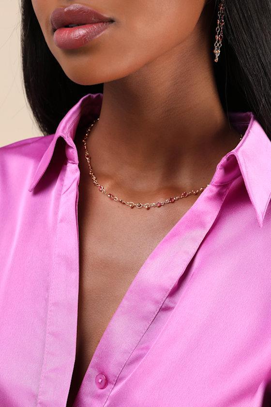Rahela Gold and Pink Rhinestone Chain Link Necklace Product Image