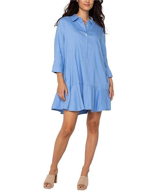 Liverpool Los Angeles Stretch Linen Blend Point Collar 3/4 Sleeve Shirt Dress Product Image