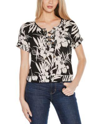 Belldini Womens Floral Print Lace-Up top Product Image