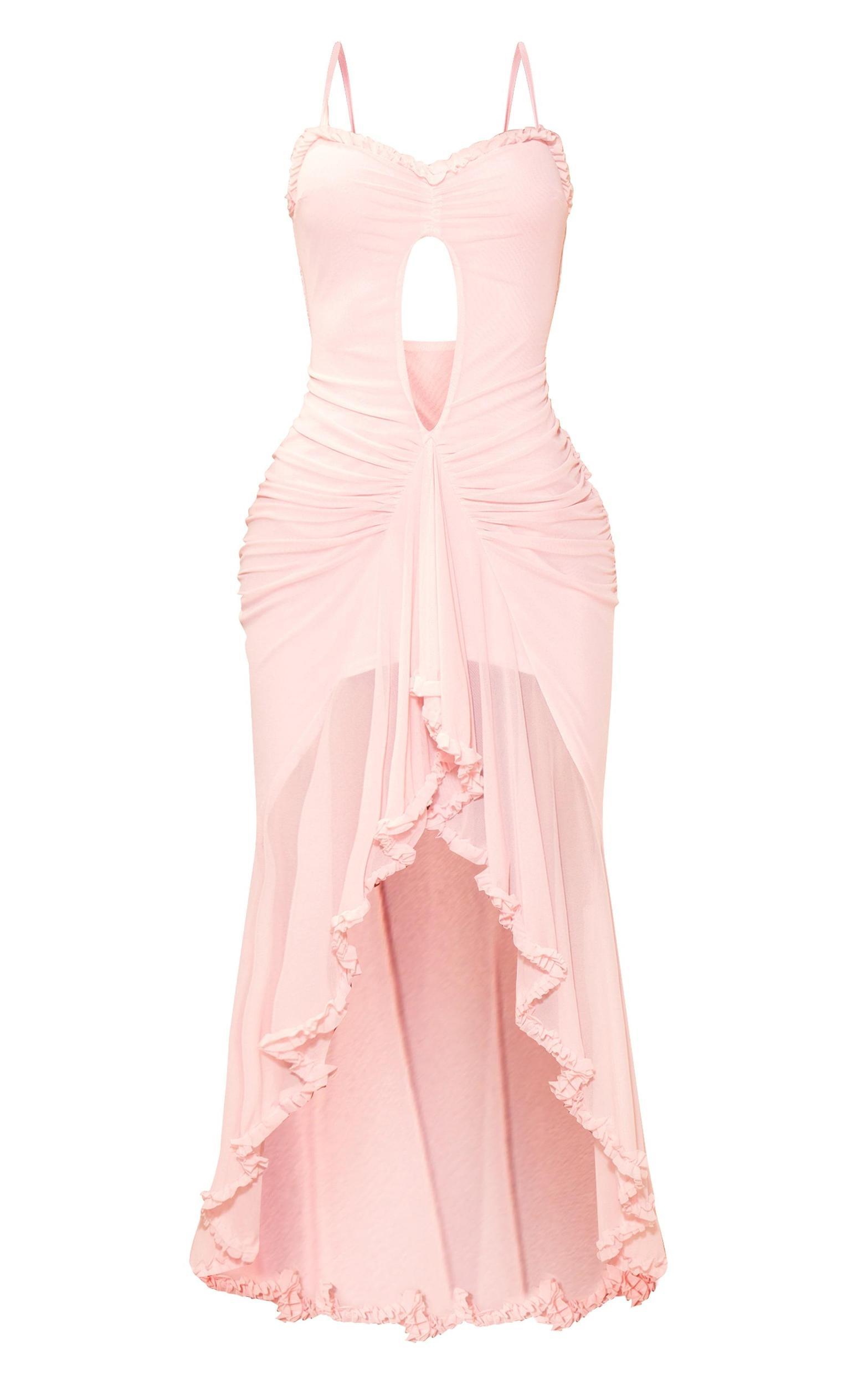 Light Pink Mesh Ruffle Cut Out Flared Maxi Dress Product Image