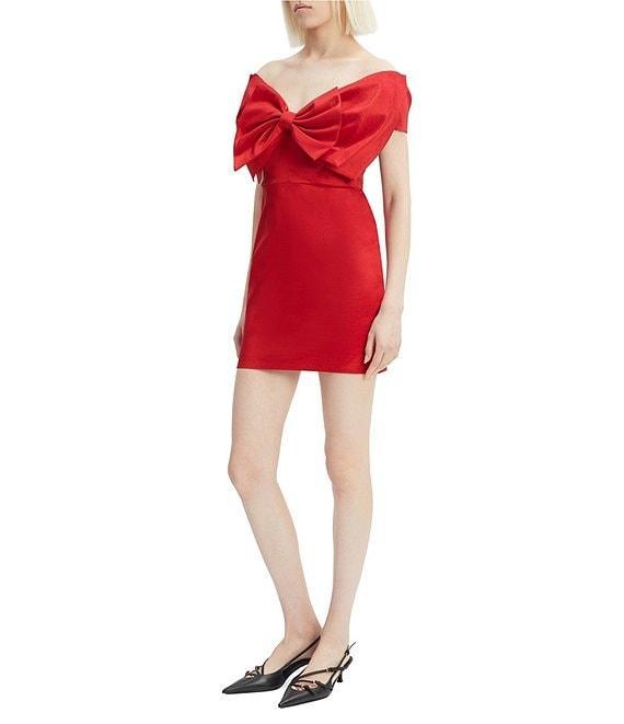 Bardot Off-the-Shoulder Bow Front Satin Mini Dress Product Image