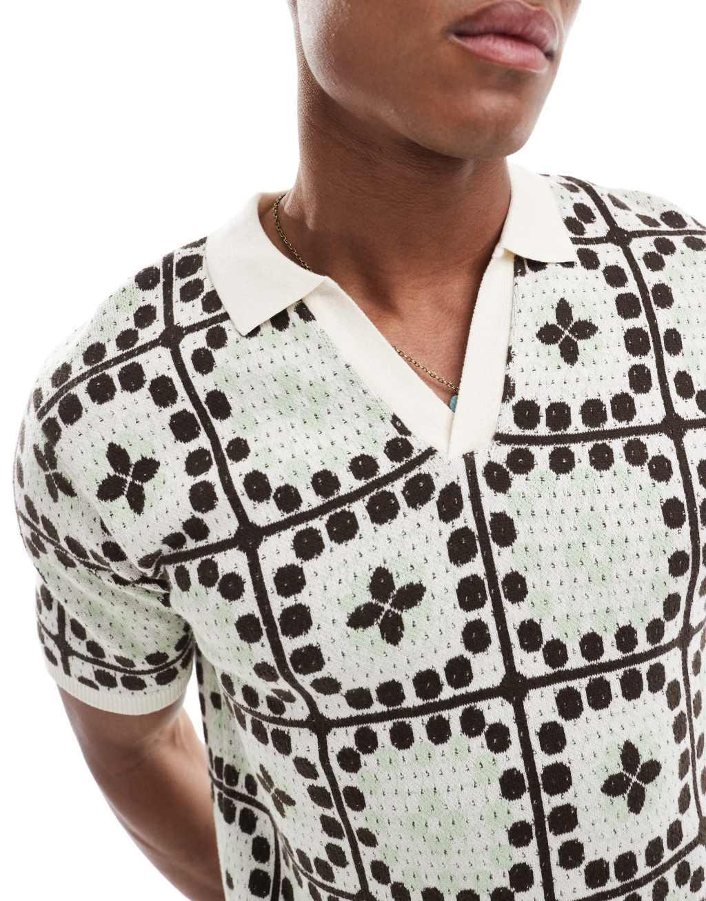 ASOS DESIGN knit crochet notch neck polo in sage green and brown Product Image