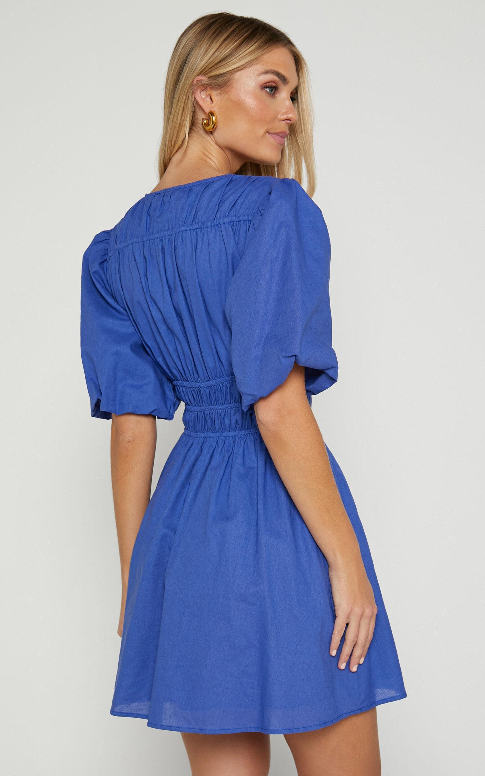 Francesca V Neck Puff Sleeves Mini Dress in Cornflower Blue Product Image