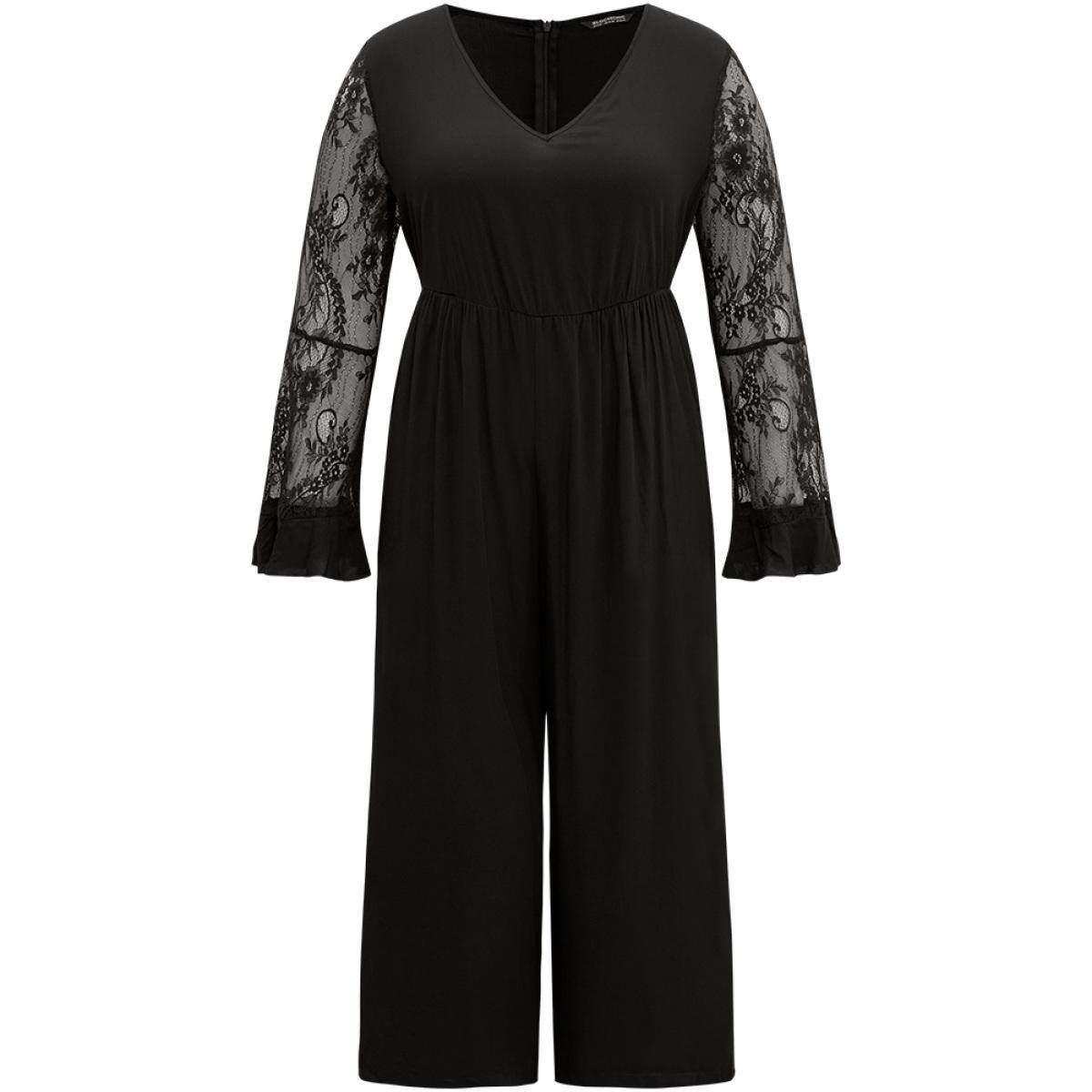 Plus Size Black Halloween Plain Mesh Eyelet Lace Pocket Jumpsuit Women Elegant Long Sleeve V-neck Festival-Halloween Loose Jumpsuits BloomChic 22-24/3X Product Image