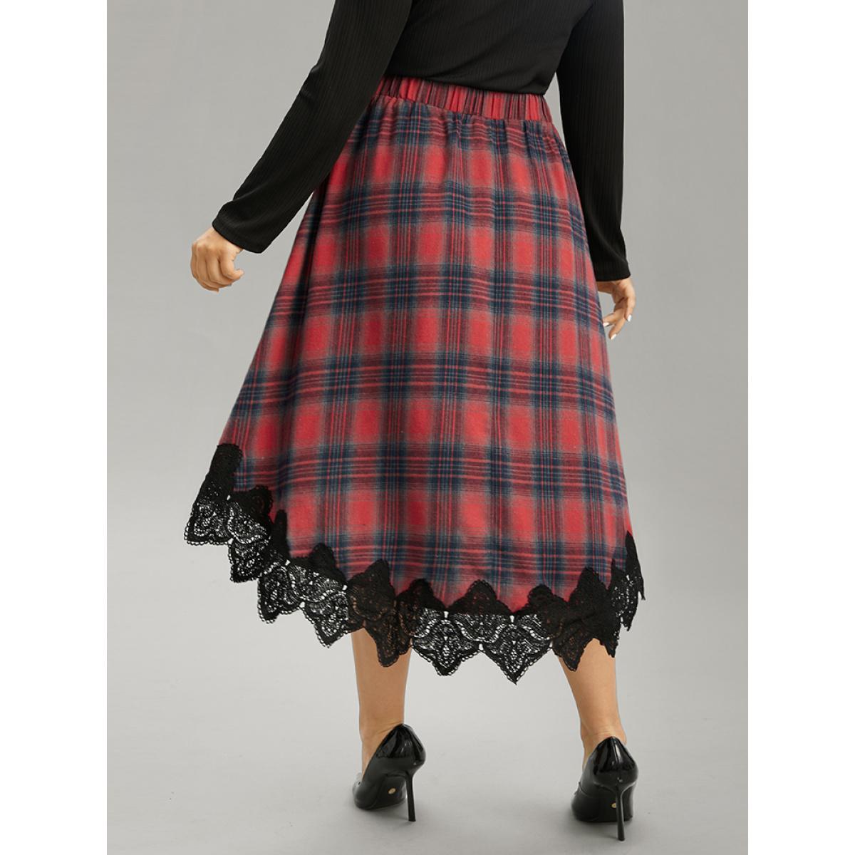 Plus Size Plaid Lace Panel Pocket High Low Hem Skirt Women Scarlet Elegant Patchwork No stretch Pocket Festival-Christmas Skirts BloomChic 18-20/2X Product Image