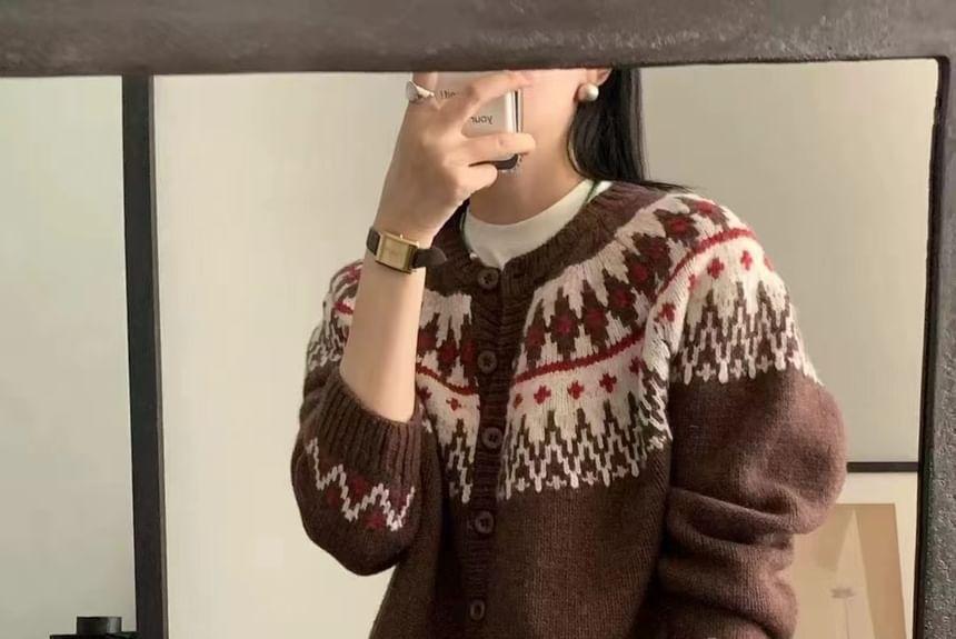 Round Neck Patterned Cropped Cardigan Product Image