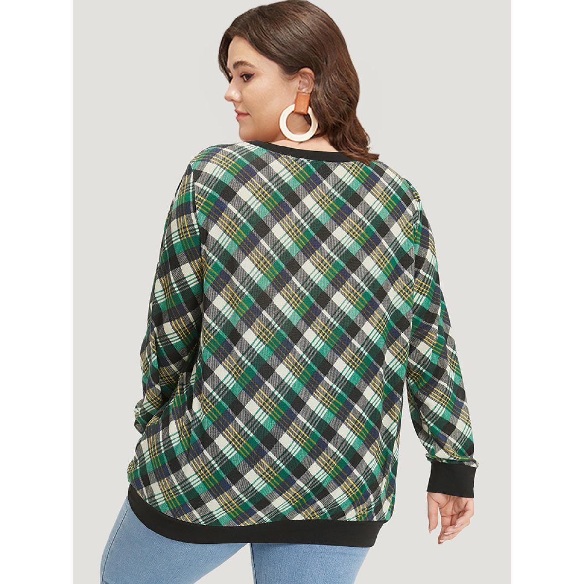 Plus Size Plaid Button Detail Elastic Cuffs Crew Neck Sweatshirt Women Green Casual Elastic cuffs Round Neck Dailywear Sweatshirts BloomChic 18-20/2X Product Image