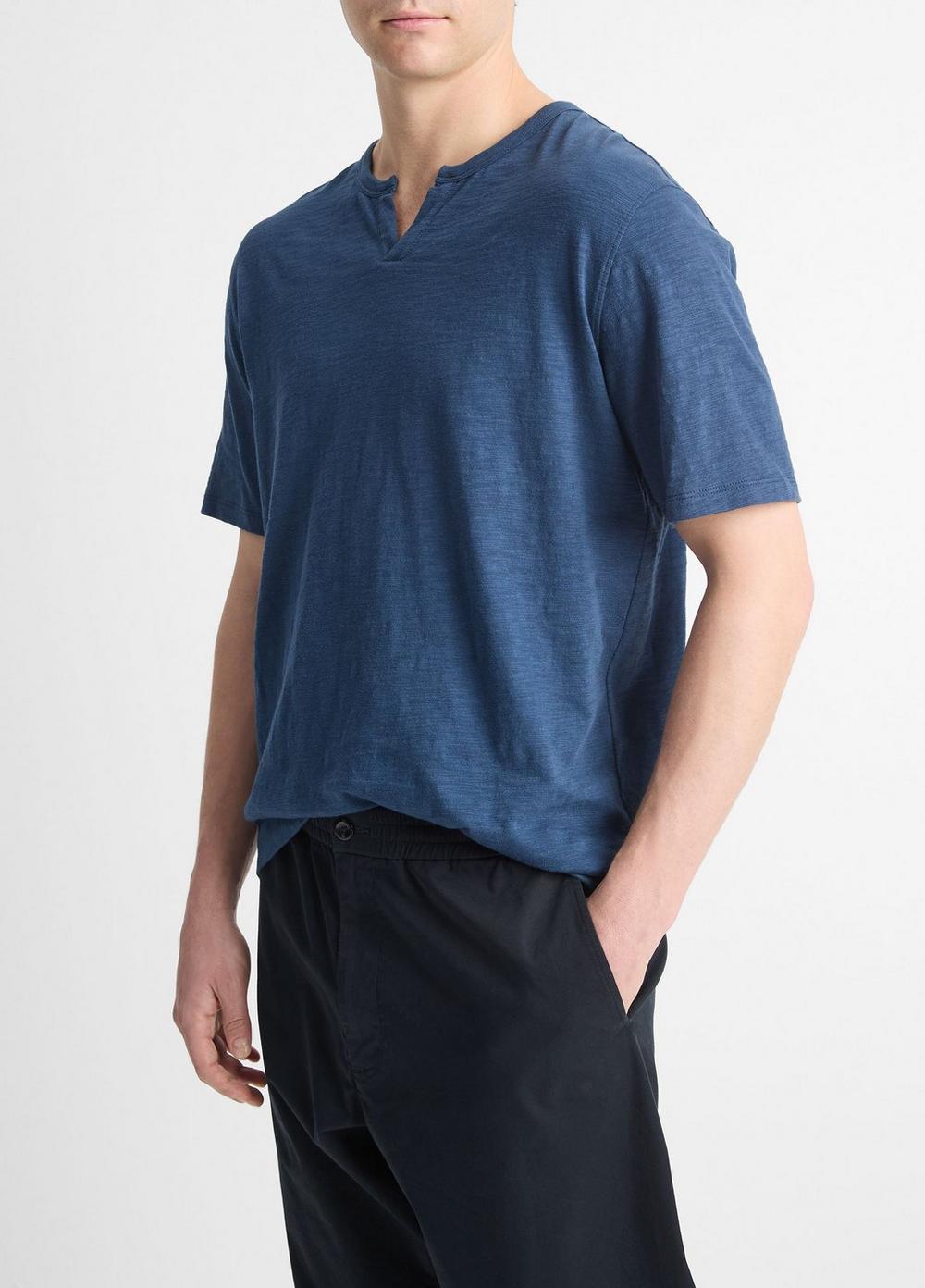 Mens Slub Cotton Split-Neck T-Shirt, Midnight Sky, Size M Vince Product Image