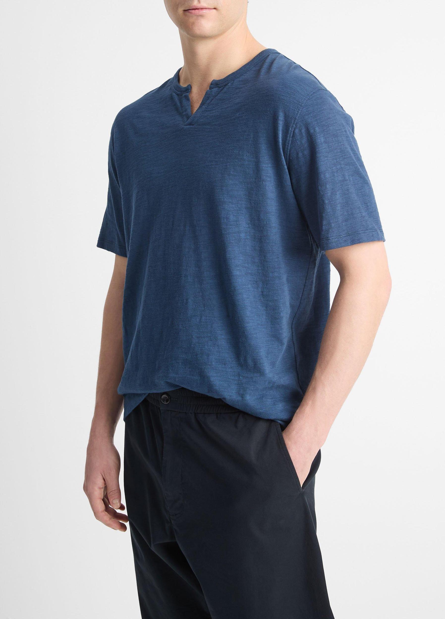 Mens Slub Cotton Split-Neck T-Shirt, Midnight Sky, Size M Vince Product Image