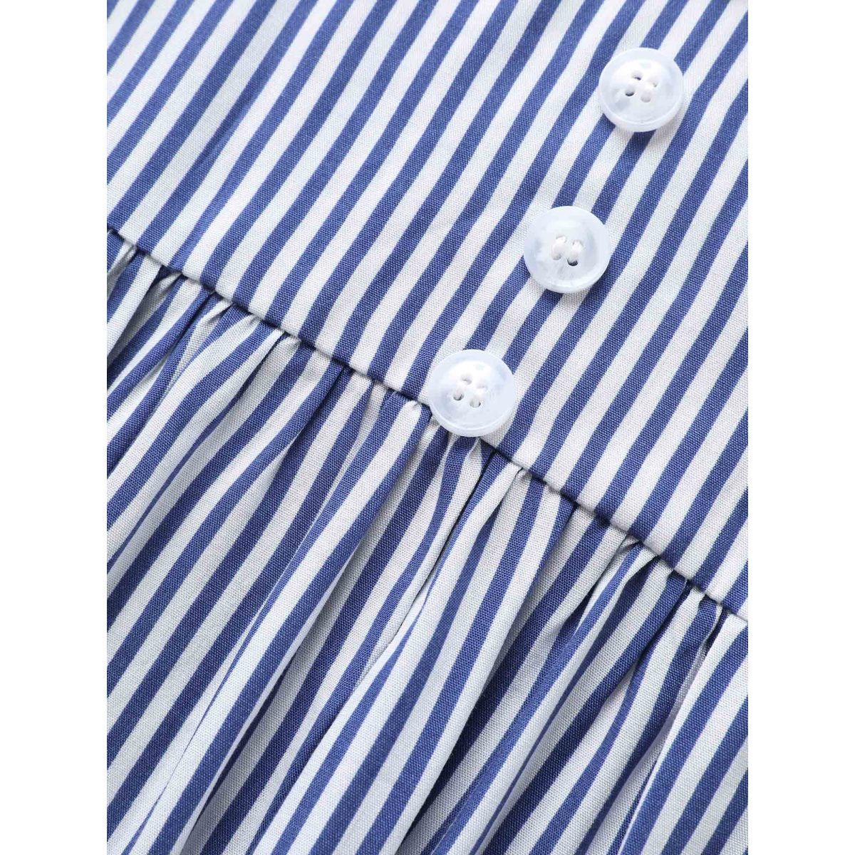 Plus Size Navy Striped Gathered Button Detail Lantern Sleeve Blouse Women Elegant Elbow-length sleeve V-neck Everyday Blouses BloomChic 18-20/2X Product Image