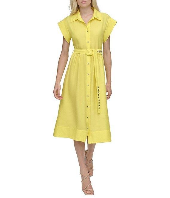 DKNY by Donna Karan Crinkle Point Collar Neck Short Sleeve Button Front Belted Shirt Midi Dress Product Image