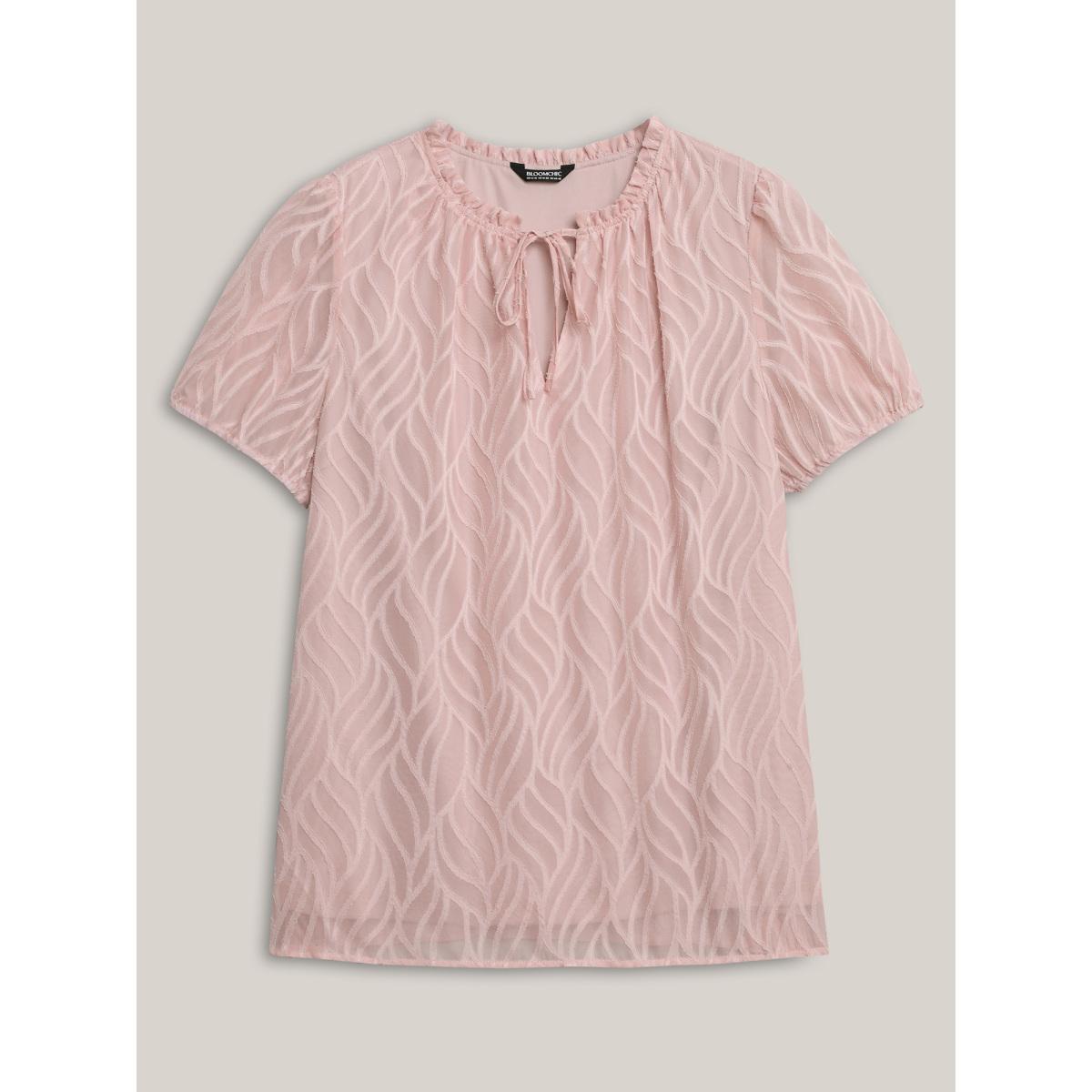 Plus Size Crepe Textured Ruffled Neck A-Line Blouse Women Short sleeve Round Neck Work Blouses BloomChic 12/L Product Image