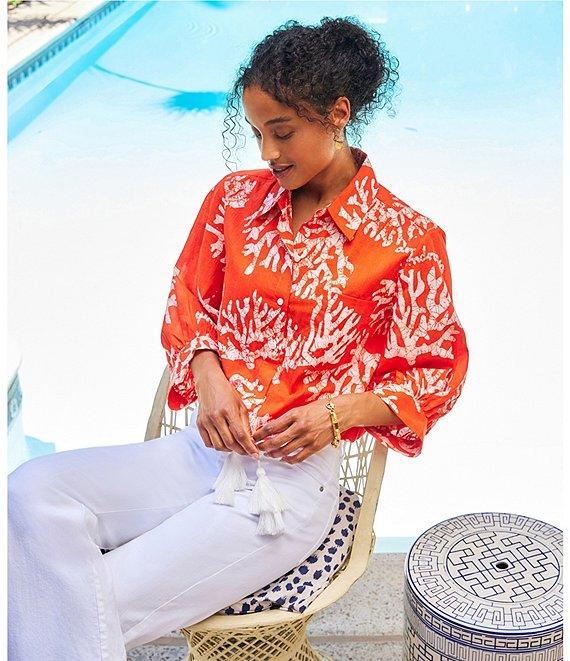 Karen Kane Coral Reef Print Spread Collar 3/4 Blouson Sleeve Tassel-Tie-Waist Button-Front Top Product Image