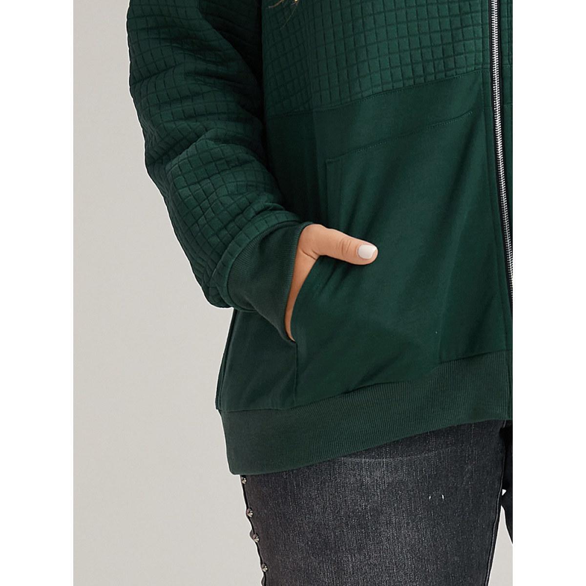 Plus Size Plain Texture Pocket Zipper, Sweatshirt Women DarkGreen Casual Elastic cuffs Hooded Dailywear Sweatshirts BloomChic 18-20/2X Product Image