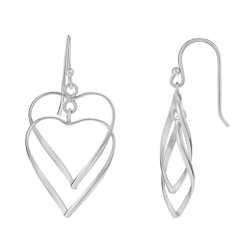 PRIMROSE Silver Tone Polished Double Heart Wire Drop Earrings, Women's Product Image