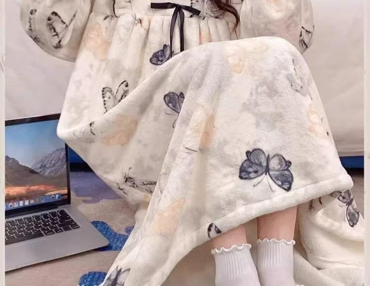 Long Sleeve  Square Neck Patterned Bow Ruffle Coral Fleece Pajama Dress Product Image