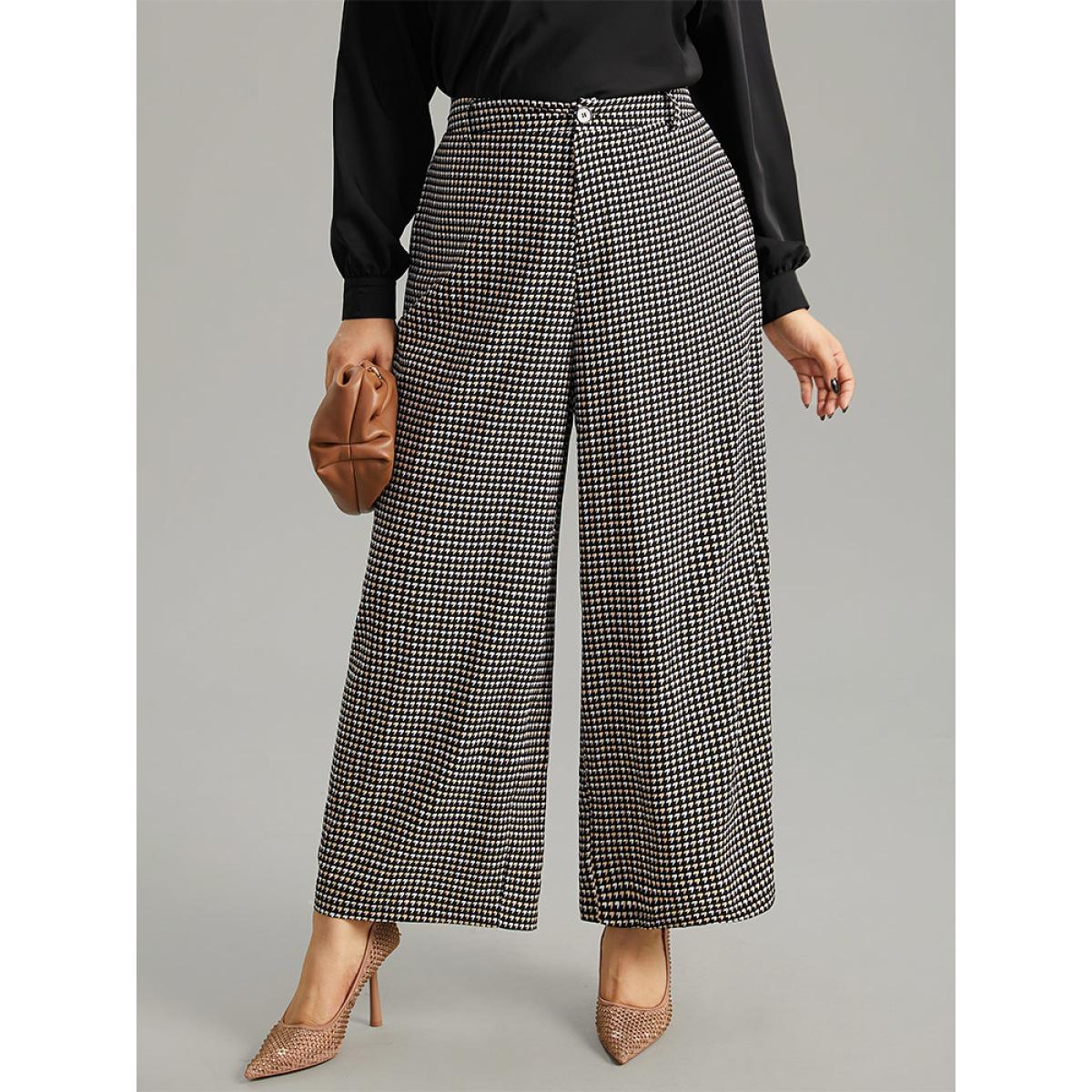 Plus Size Houndstooth Elastic Waist Straight Leg Pants Women Black Office Straight Leg High Rise Work Pants BloomChic 12/L Product Image