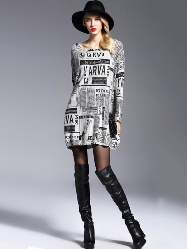 Vintage Loose One-Shoulder Newspaper Printed Split-Joint Sweater Product Image