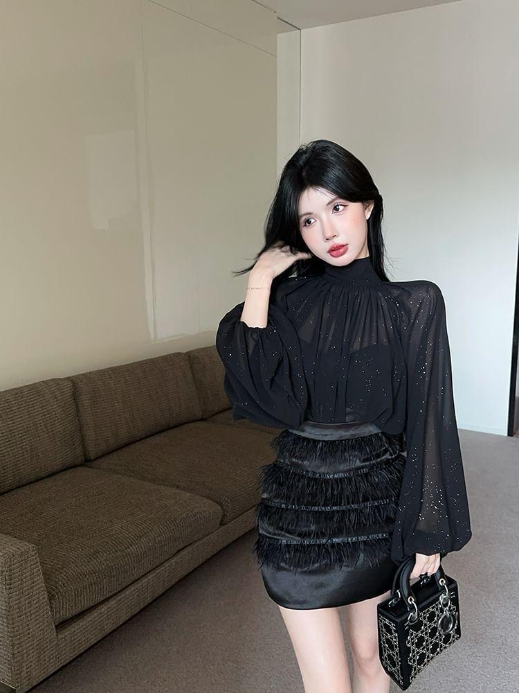 Long-Sleeve Mock Neck Plain Glitter Blouse / High Rise Fringe Mini Pencil Skirt Product Image