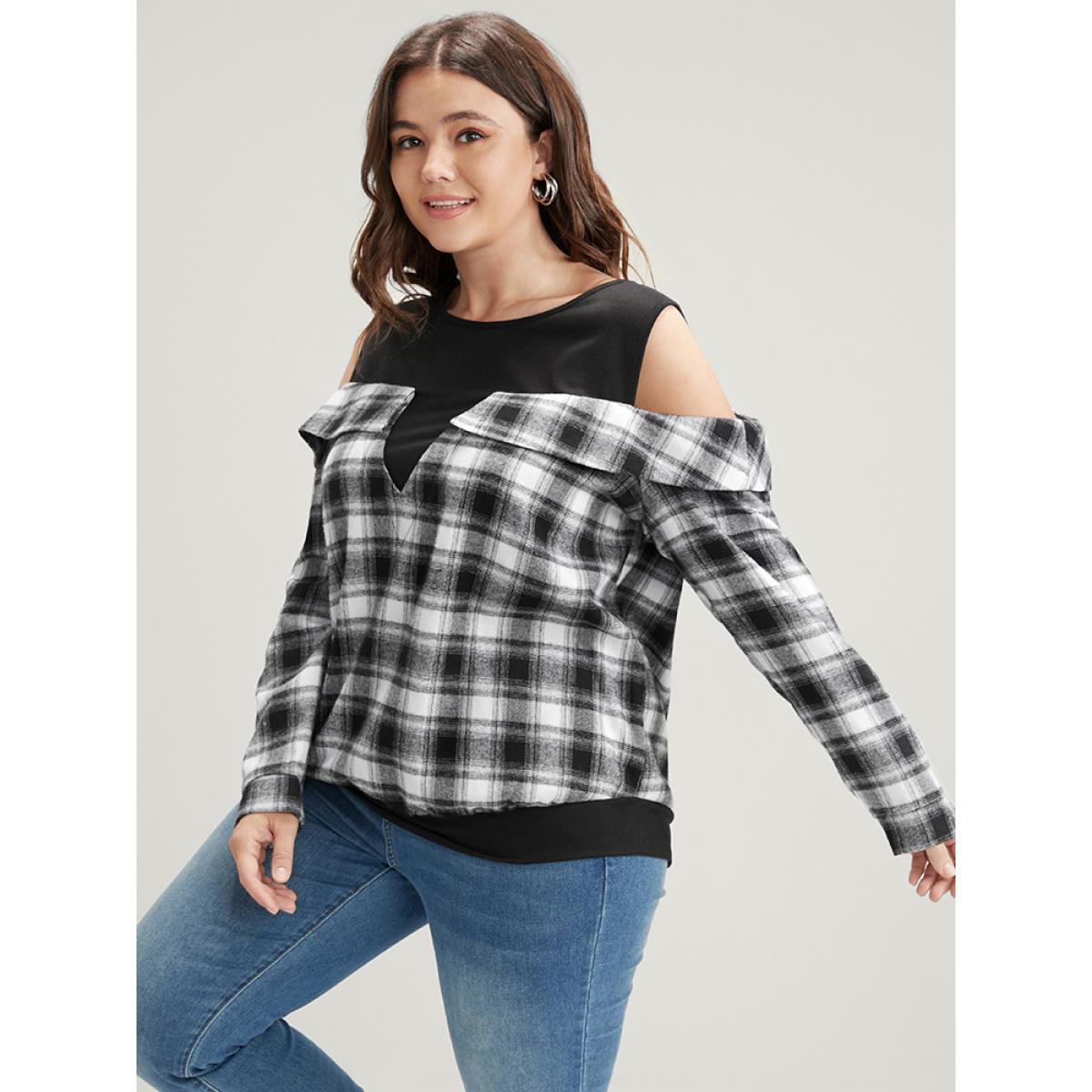 Plus Size Plaid Patchwork Cold Shoulder Sweatshirt Women Black Elegant Patchwork Cold Shoulder Dailywear Sweatshirts BloomChic 28/5X Product Image