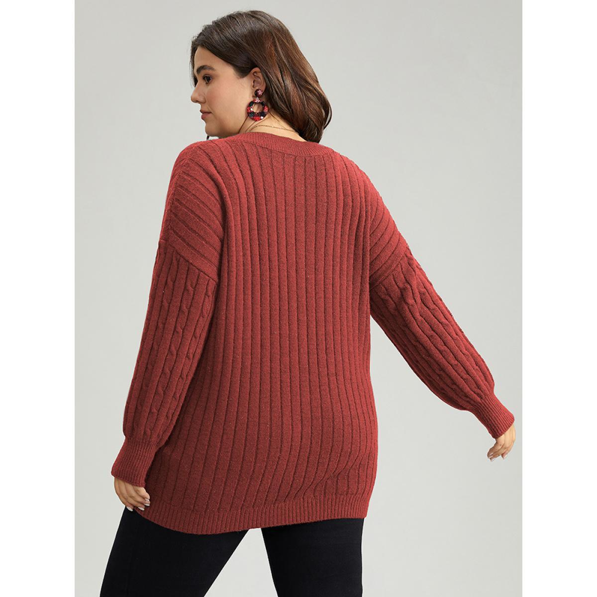 Plus Size Lurex Cable Knit Plain V Neck Pullover Raspberry Women Casual Loose Long Sleeve V-neck Dailywear Pullovers BloomChic 14-16/1X Product Image