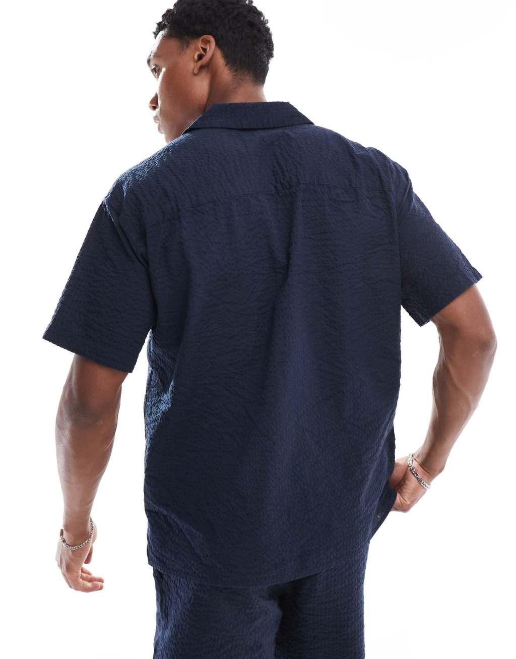 Jack & Jones seersucker shirt with revere collar in navy - part of a set Product Image