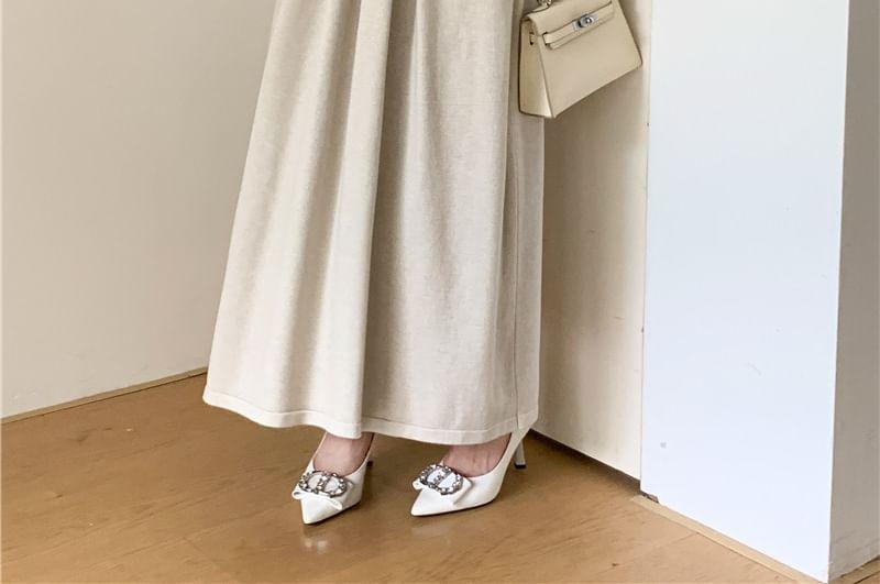 Long-Sleeve Mock Neck Plain Ruched Maxi A-Line Knit Dress Product Image