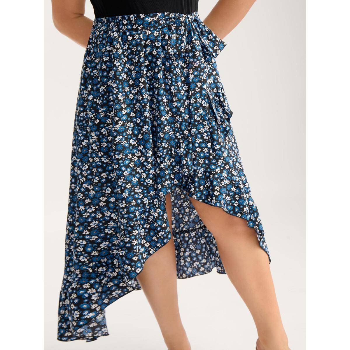 Plus Size Floral Asymmetrical Hem Bow-Tie Midi Dress BlackFlower Women Texture Round Neck Sleeveless Curvy BloomChic 14-16/1X Product Image