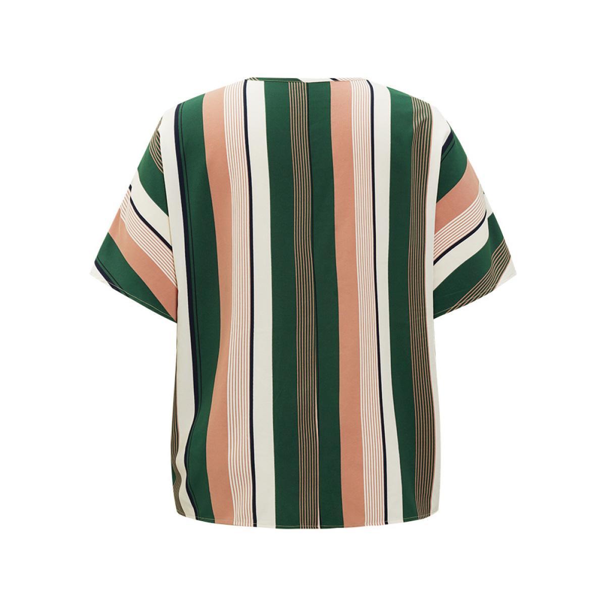 Plus Size Multicolor Striped Print Button Detail Batwing Sleeve Blouse Women Vacation Half Sleeve V-neck Dailywear Blouses BloomChic 26/4X Product Image