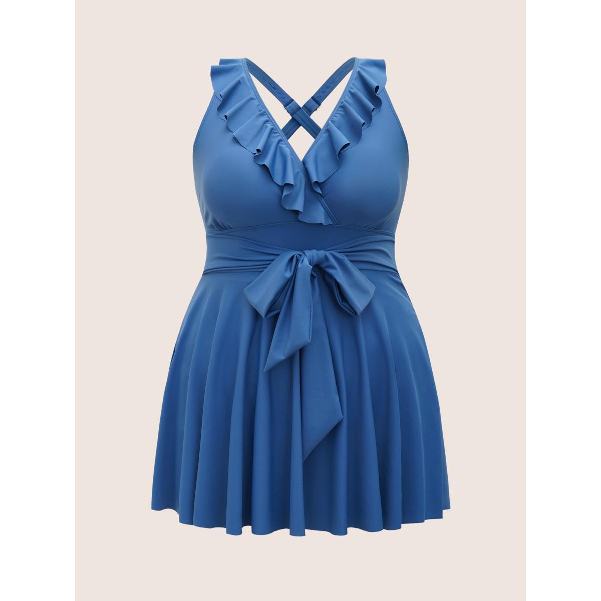 Plus Size Solid Ruffle Trim Tie Knot Swim Dress Women's Swimwear Cerulean Beach Bodycon V-neck High stretch Curve Swim Dresses BloomChic 28/5X Product Image