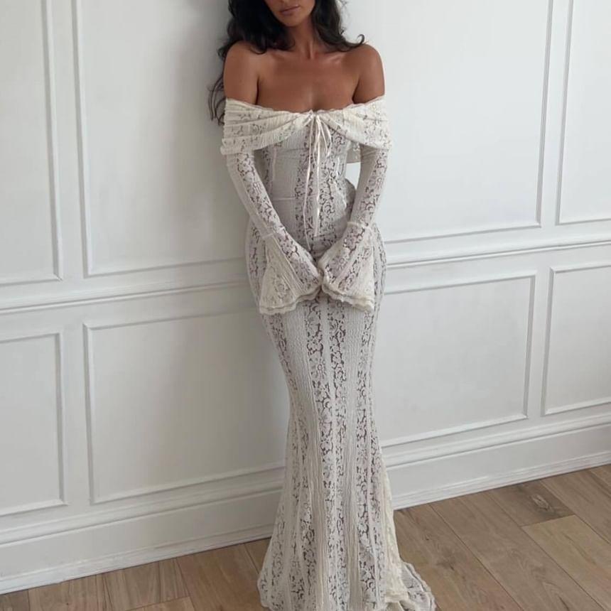 Off-The-Shoulder Long Sleeve Floral Lace Trim Mermaid Maxi Dress Product Image